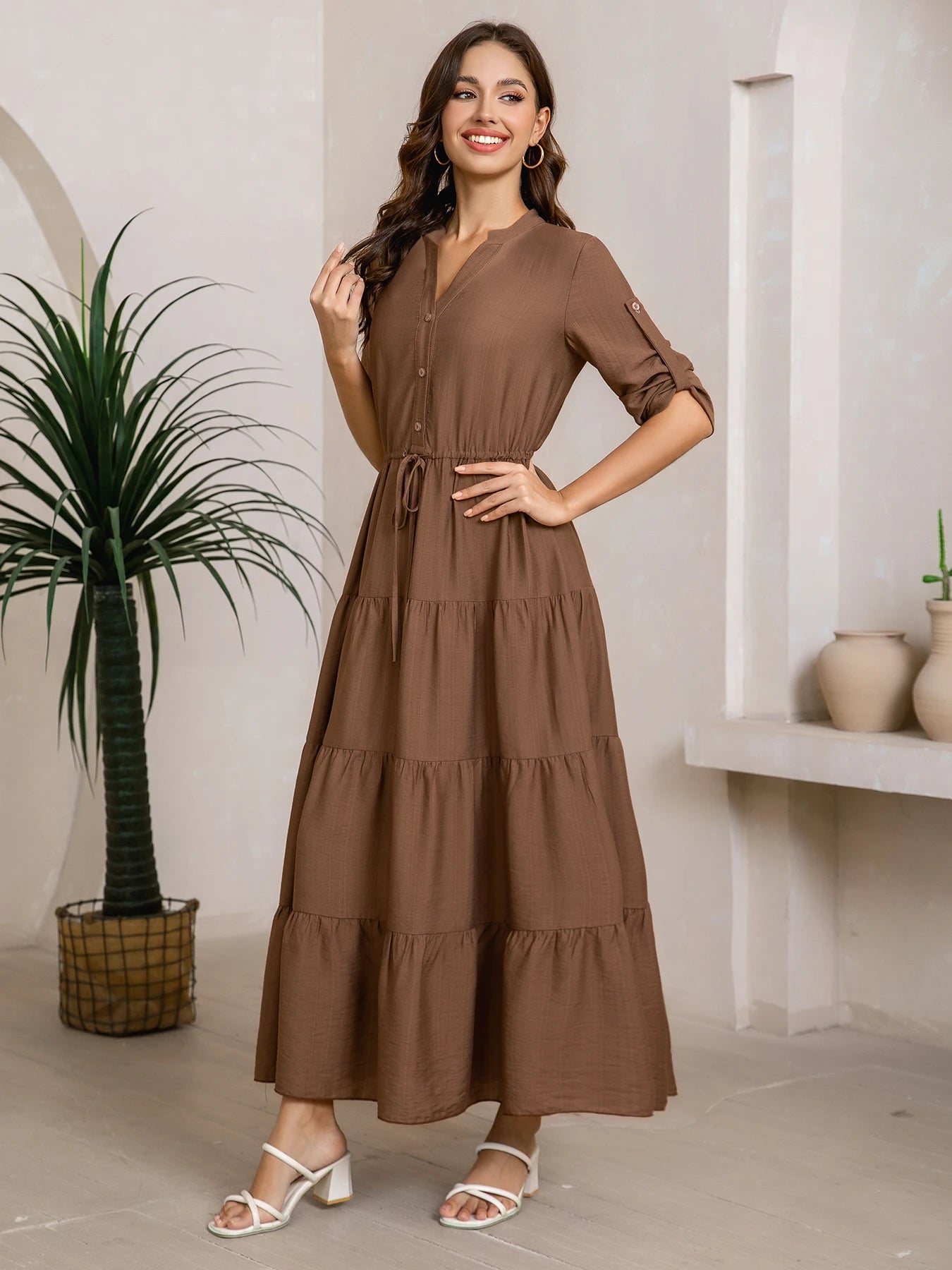 Women's casual dress, V-neck, three-quarter sleeves, half-opening, drawstring waist, layered A-line skirt, brown, elegant mature