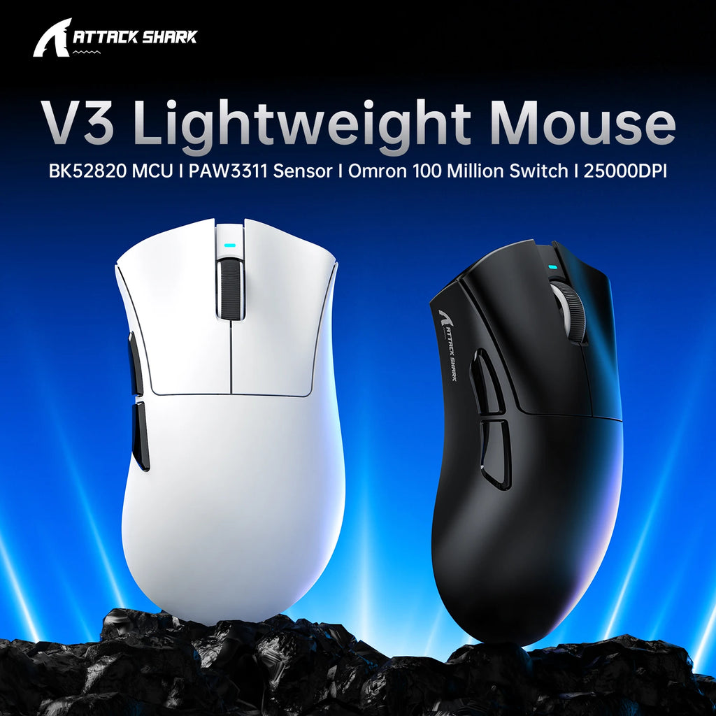 ATTACK SHARK V3 62g SUPERLIGHT Mouse, PixArt PAW3311 Gaming Sensor, BT/ 2.4G Wireless/ Wired, 6 Adjustable DPI up to 25000