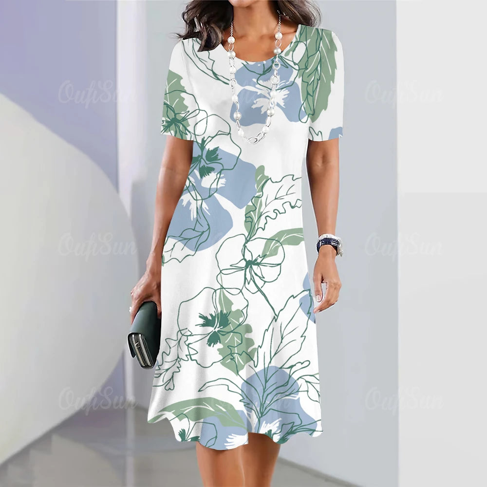 Summer Women'S Dresses 3d Art Flowers Printed Short Sleeve Clothing Elegant Loose A-Line Skirt Fashion Lady Large Size Dress