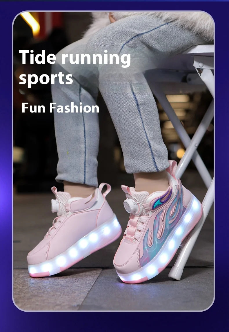 2025 New children's four-wheel novice light up rotary button automatic shrinkage fast walking shoes for boys sneakers