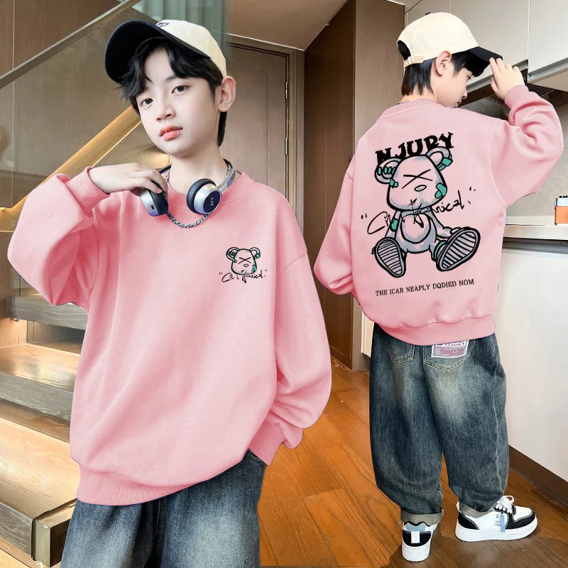 2025 Kids Clothes Boys Cartoon Bear Sweatshirts Loose Sports Round Neck Tops Autumn Clothing T Letter Printed Long-sleeve Hoodie