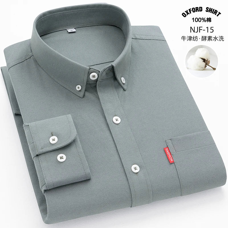 Men's Oxford Long Sleeve Shirts 100% Cotton Solid Color Turn Down Collar Regular Fit Daily Men Clothing Button-down Shirts 5XL