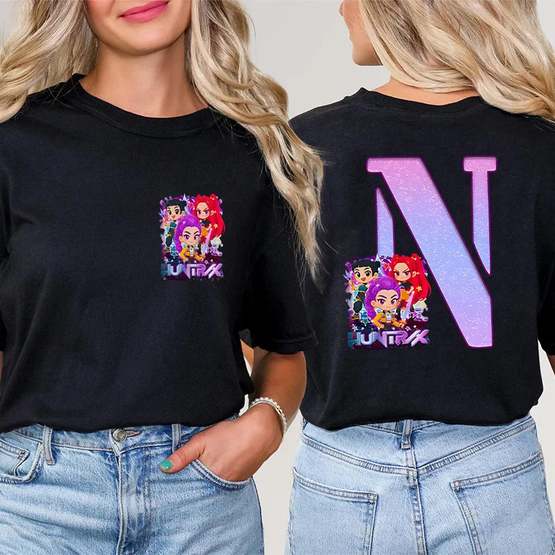 Fashion A-Z 26 Letter T-Shirts Kpop Demon Hunters Graphic Aesthetic Clothing Women T-Shirt Harajuku Female Clothing Y2k Tops