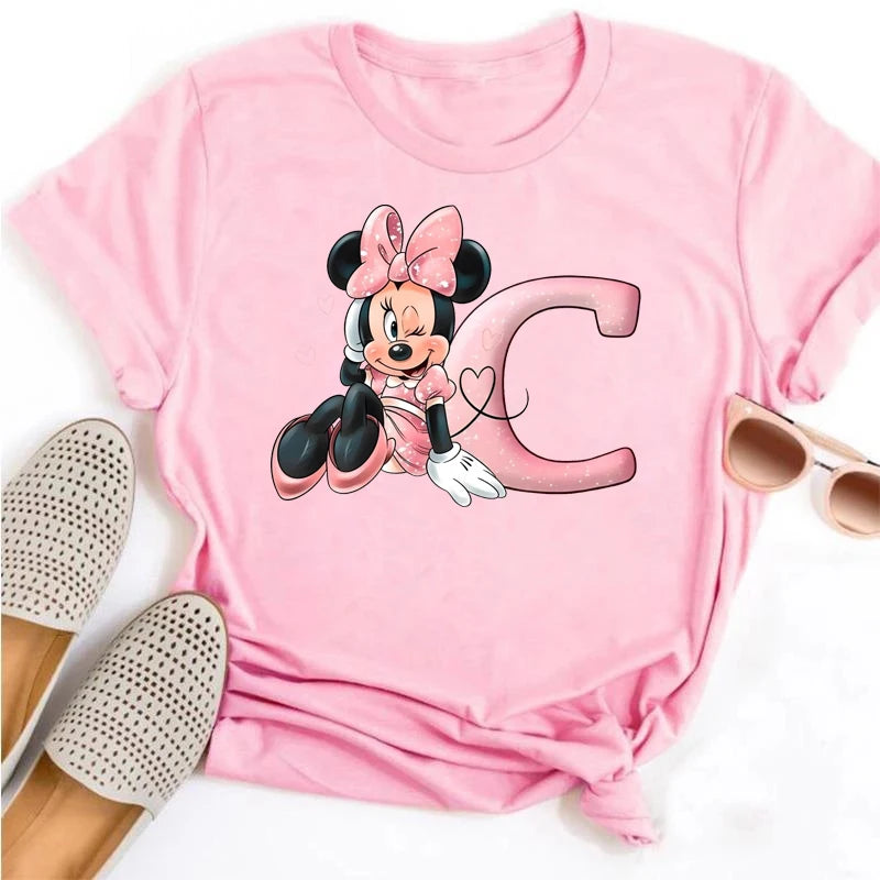 Disney Cartoon Minnie Mouse Letter A B C D E F Print Women Summer T Shirt Harajuku Casual Short Sleeves Pink Female Tshirts