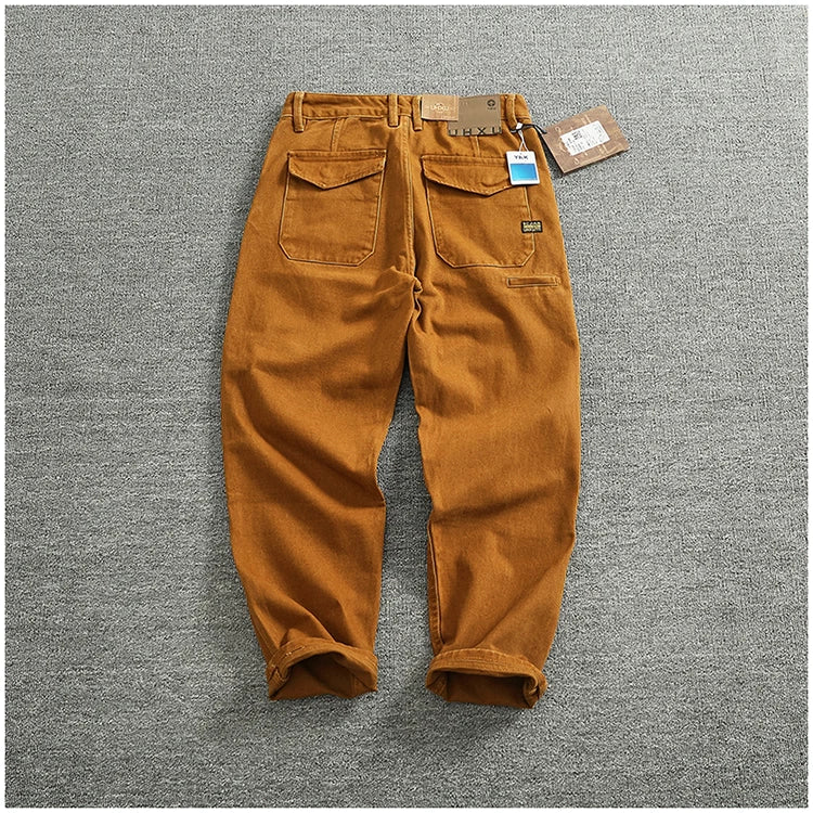 Retro heavy simple cargo pants men's loose straight leg casual pants pure cotton twill woven 3D vertical cut cone pants