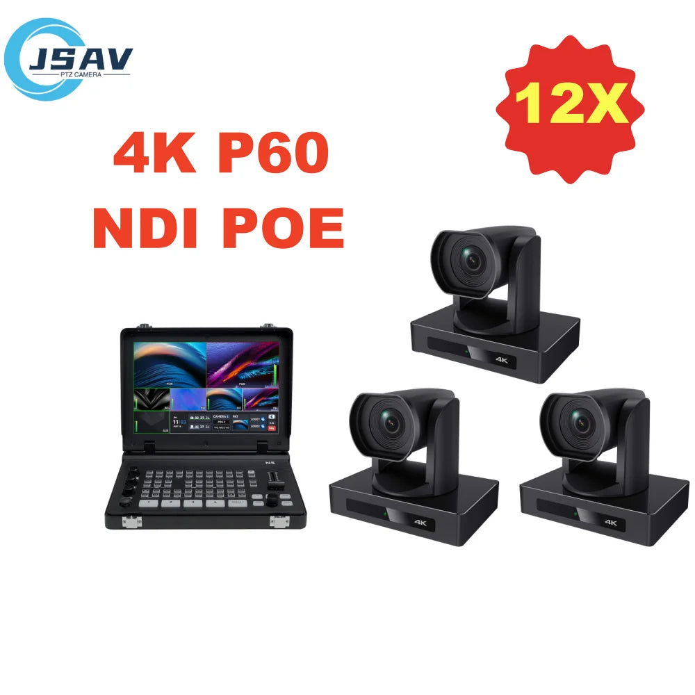 JSAV 4K 60fps NDI Camera PTZ 1pc-3pcs SDI HDMI POE SDI 12X 1PC Video Switcher Conference Camera for Church Business Meeting
