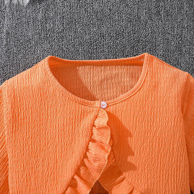 Children Casual Vacation Suits Orange Long-Sleeved Top & Printed Dress Stylish Girls Suits Vacation Holiday Clothes Kids Outfits