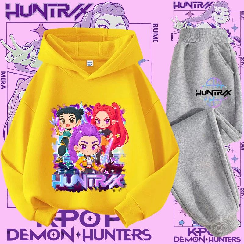 K-pop Demon Hunter New Children's Hoodie Set - Cute Girls' Casual Top for Kids,Boys' Sports Shirt with Cartoon Print-2-Piece Set
