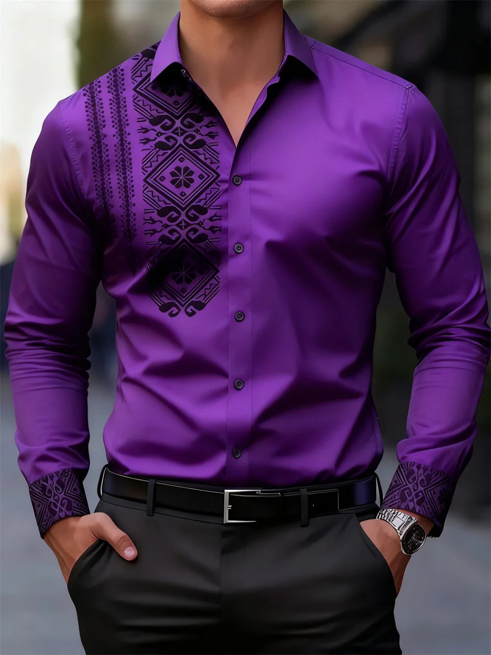 Men's black and white paisley printed casual shirt, suitable for business, daily office wear, and casual wear