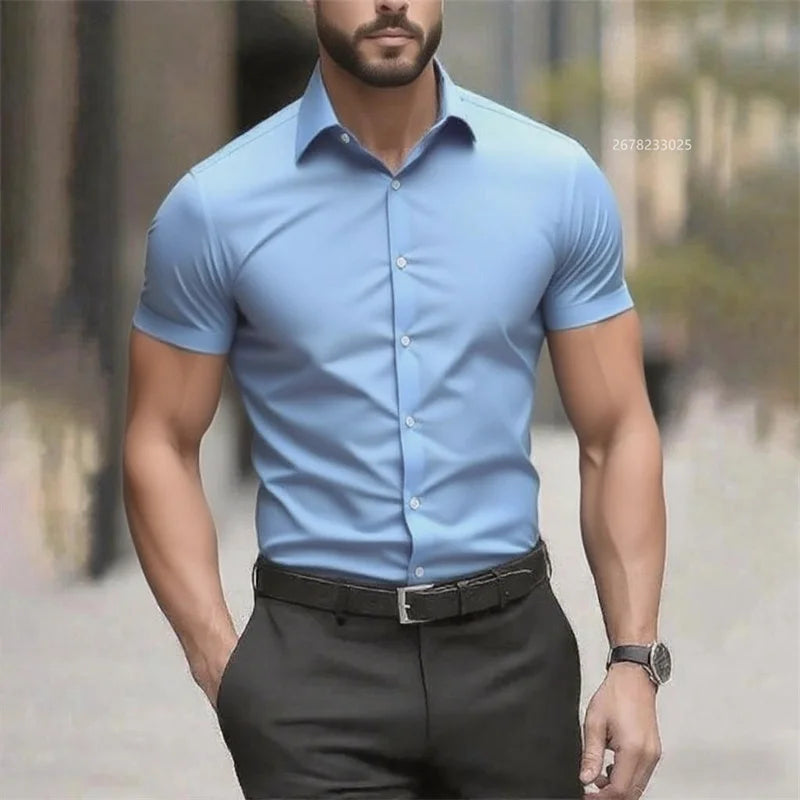 Solid color men's shirt casual shirt, high quality solid color short sleeve stretch fabric, business formal shirt, XS-6XL size