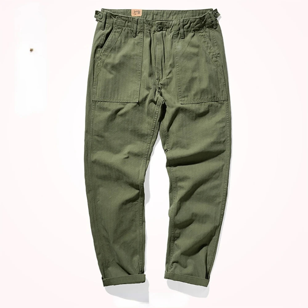 Amy Khaki n casual vintage cargo pants men's straight-leg casual pants cotton fishbone woven awl pants