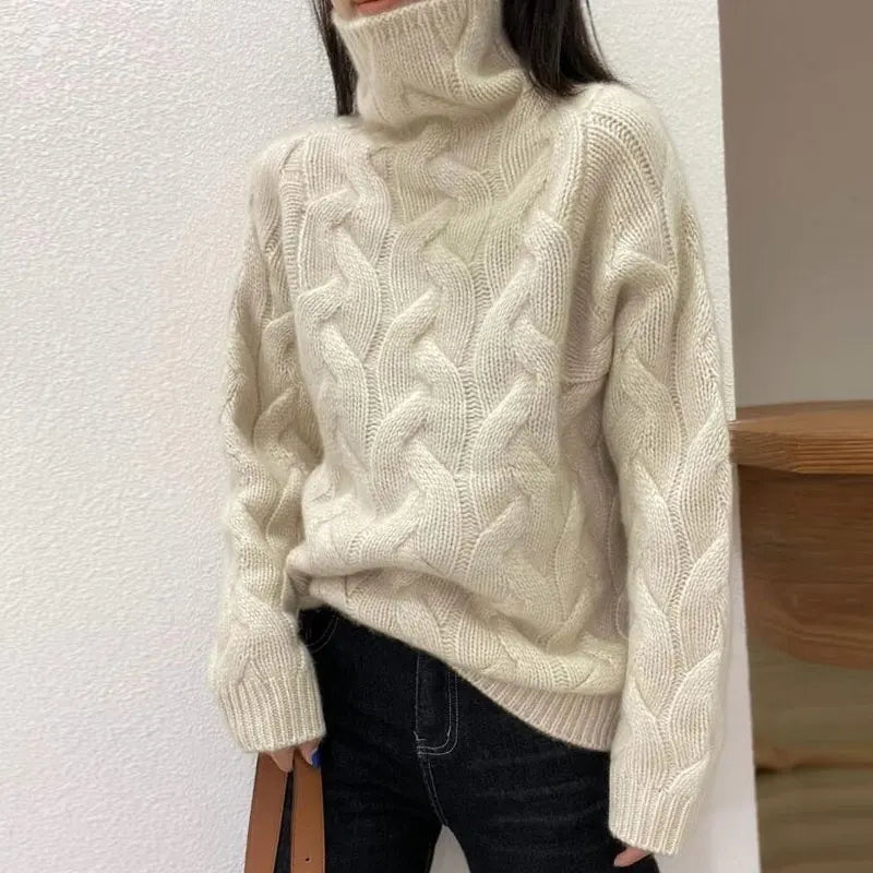 100% pure cashmere sweater women's autumn and winter high-necked loose twisted thick lazy wind bottoming plus size sweater