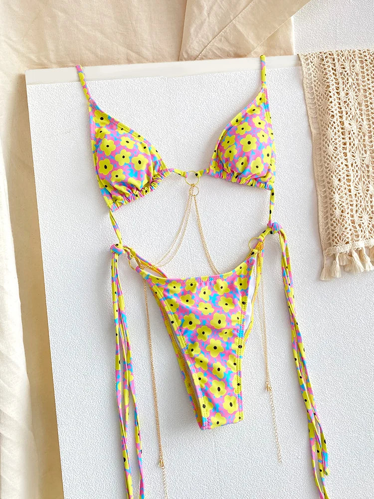 Sexy Triangle Micro Bikini Sets Thongs Chains Swimsuit Women Bathing Suit Biquini Bandage Beachwear Print Swimwear Thong Bikini