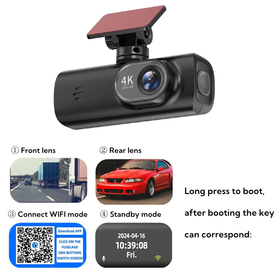 E-ACE Dash Cam 4K Car Video Recorder 170 ° Super Large Angle WIFI GPS 24H Parking Monitoring Car DVR 1080P Rear Camera Black Box