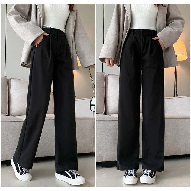 Women Thicken Commute Wide Leg Pants Lady Classic Brown Black Outside Trousers Female High Waisted Solid Color Casual Suit Pants