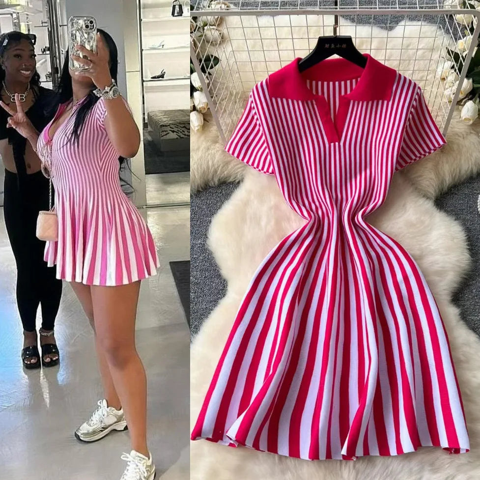 YuooMuoo 2025 New Summer Vintage Vertical Stripes Knitted Summer Dress Women Turn-down Collar Slim Waist A-line Short Dress