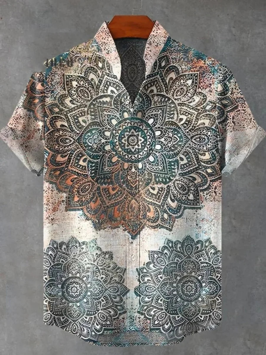 2025 Men's Mandala Flower Pattern Short Sleeve Shirt Summer Vintage New Linen Shirt men's Short Sleeve Leisure Holiday Streetwea