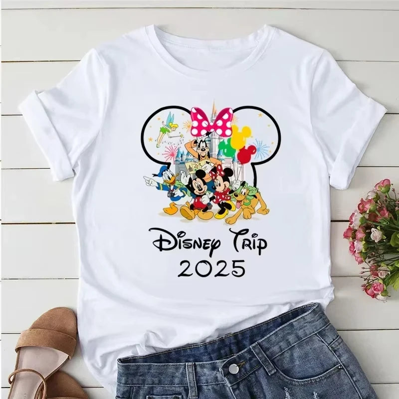 Disney Trip 2025 Printed T-shirt Mickey Minnie Mouse White T-Shirts Women Short Sleeves Clothing Fashion Female Streetwear Tops
