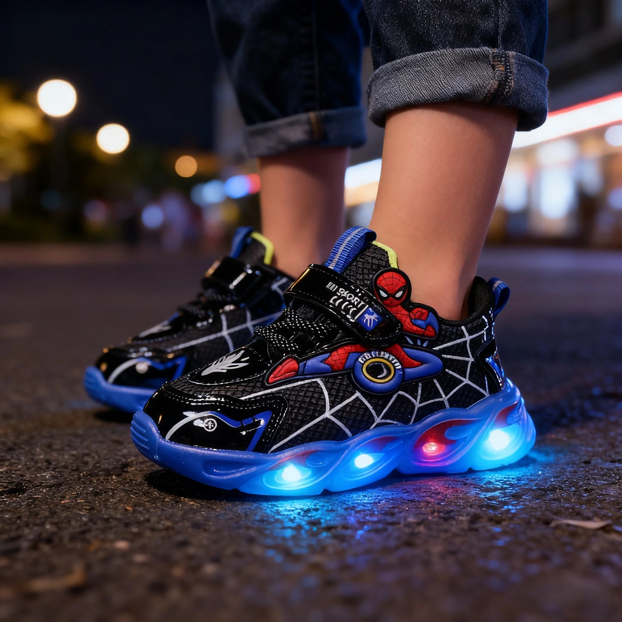 Disney Boys Shoes LED Lights Cartoon Autumn Children's Sports Shoes Leather Non-slip Children's Running Shoes Sneaker Size 25-35