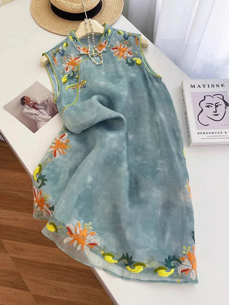 Chinese Style Blue Cheongsam Dress Women Autumn 2025 Embroidered Slim Fit Elegant Qipao Midi Dress Vintage Fashion