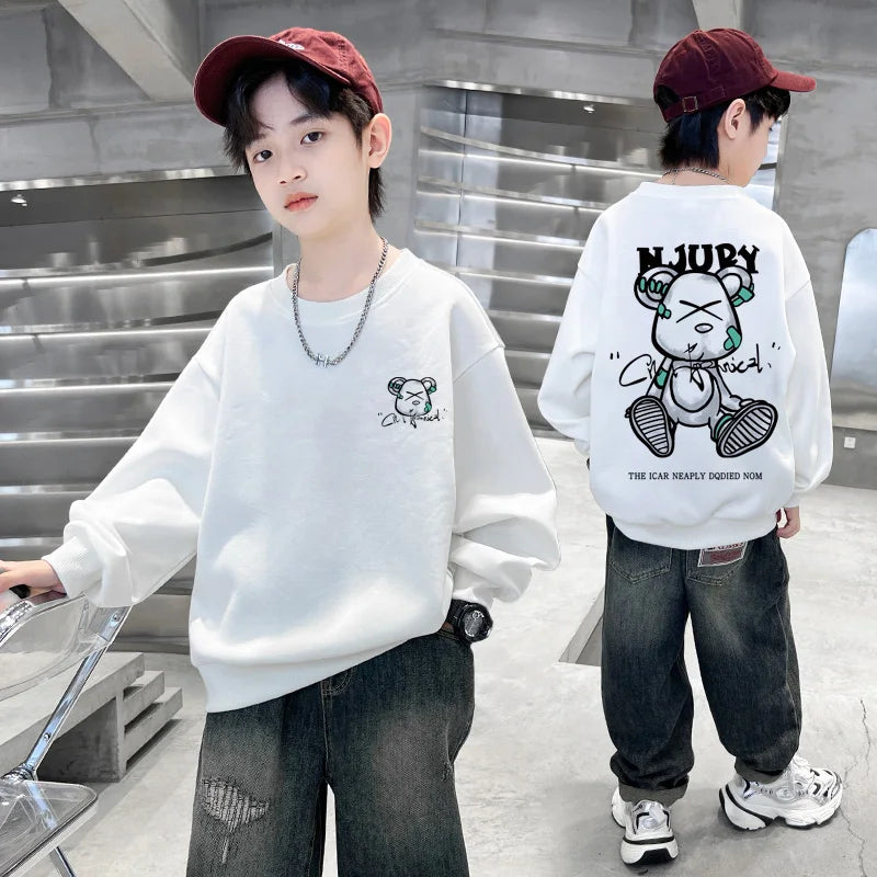 2025 Kids Clothes Boys Cartoon Bear Sweatshirts Loose Sports Round Neck Tops Autumn Clothing T Letter Printed Long-sleeve Hoodie
