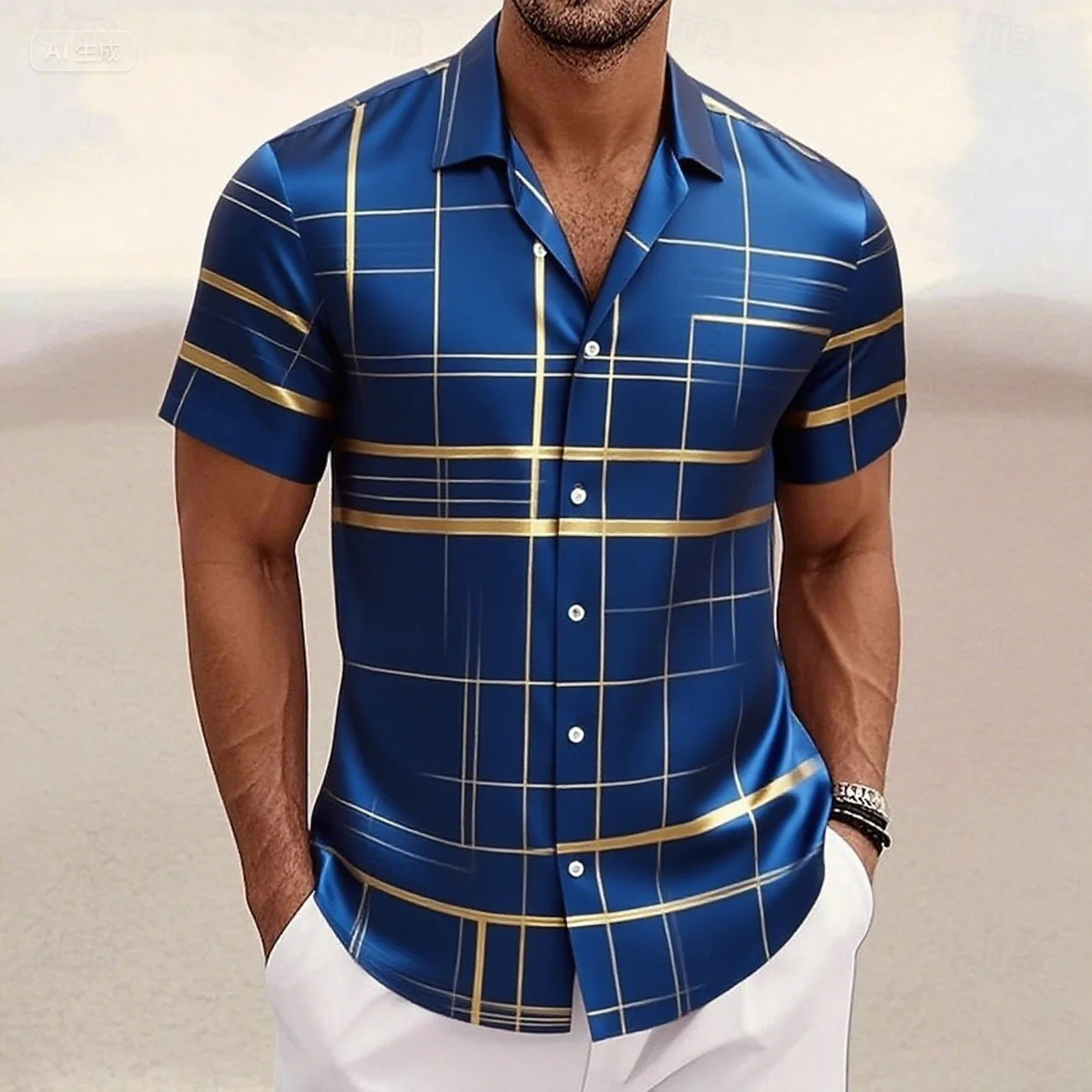 Men's Geometric Grid/Plaid Shirt Button-Down Shirt Short Sleeve Fashion Casual Resort Streetwear Summer Lapel 3D Printed Shirt