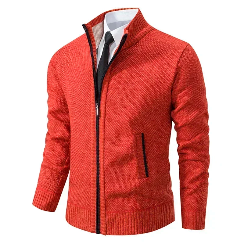 2025 Autumn and Winter New Jersey Men's Casual Sports Coat Solid Color Stand Collar Sweater Grab Fleece Warm Zipper Cardigan