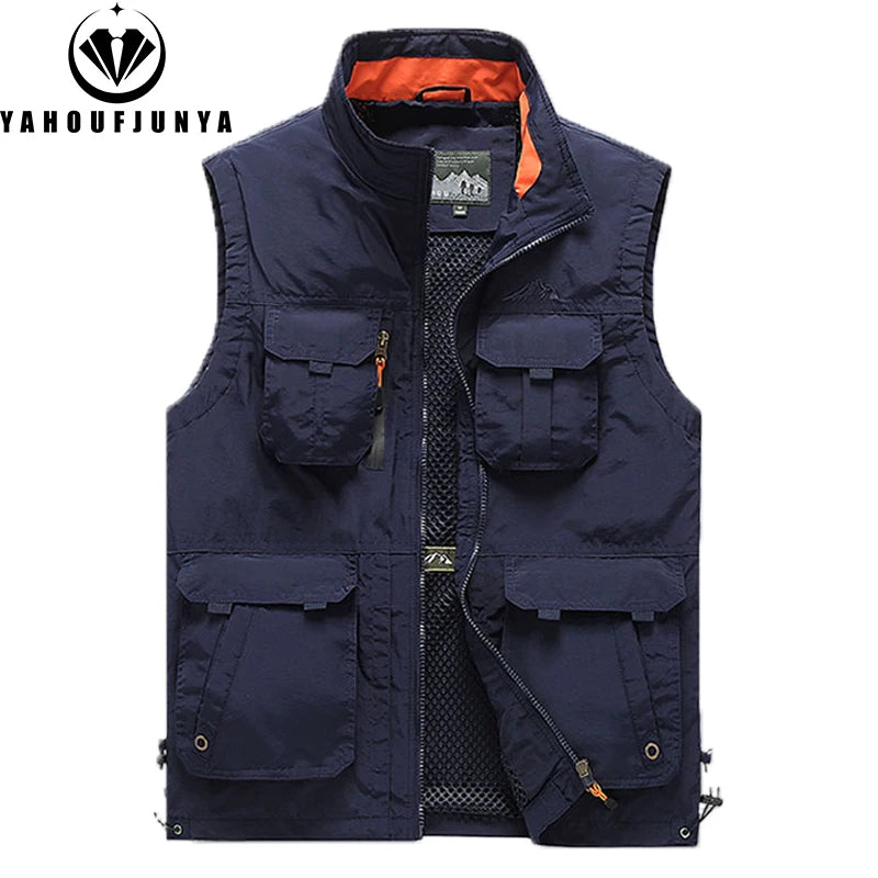 2024 Men Spring Summer Many Pocket Casual Stand Collar Vest Men Sleeveless Solid Color Outdoors Fashion Style Vest Male Coat 6XL