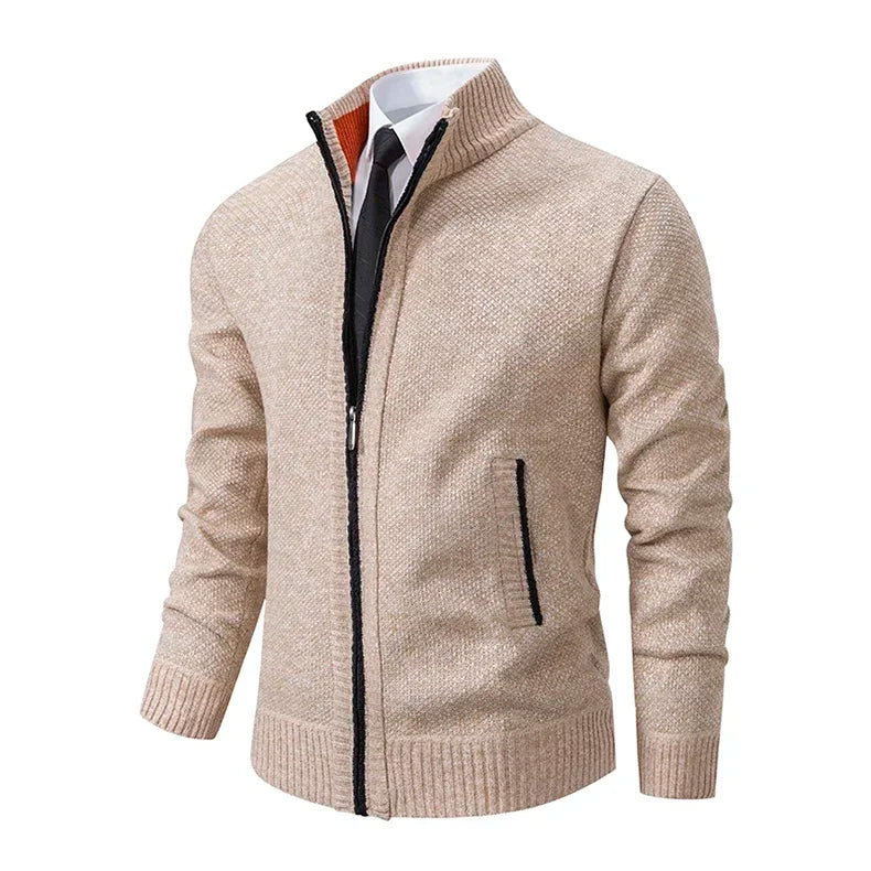 2025 Autumn and Winter New Jersey Men's Casual Sports Coat Solid Color Stand Collar Sweater Grab Fleece Warm Zipper Cardigan