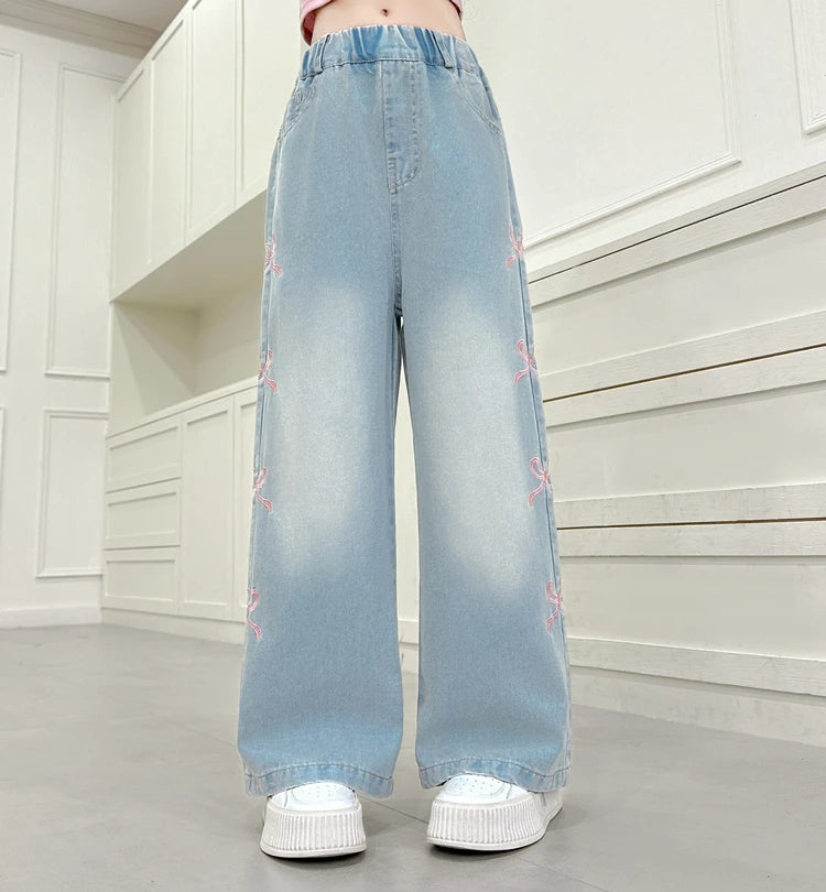 Autumn Kids Child Straight Jeans with Bows on The Side for Teens Girls Fashion Loose Fit Denim Pants Child Casual Jeans Trousers