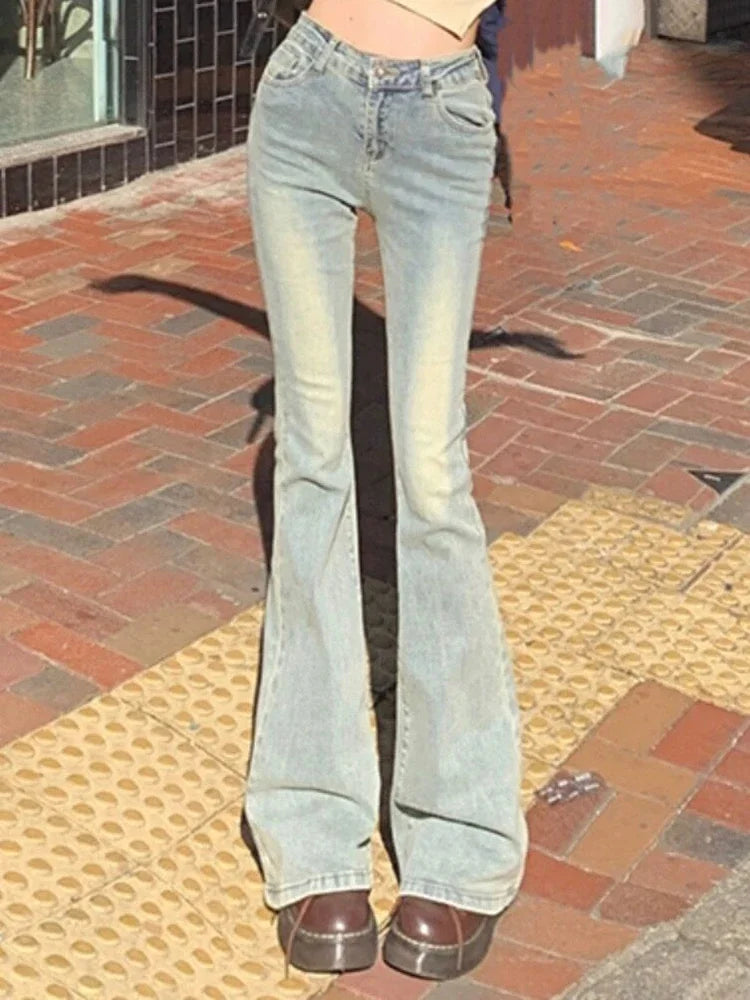 Ins Women Korean High Waist Flared Jeans Female High Street Boot Cut Pants Lady Y2k 2000s Yellow Denim Bell Bottom Trousers