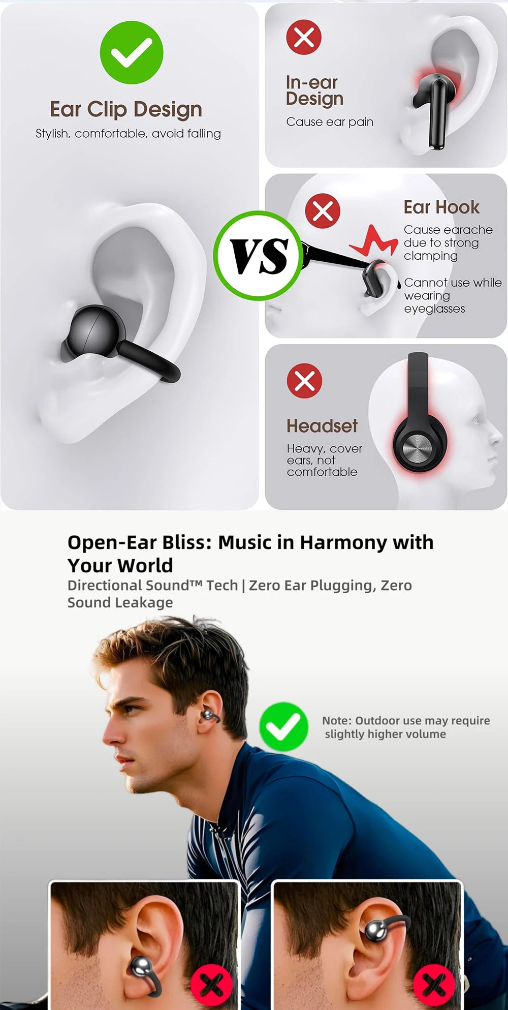 UYUXIO Wireless Headphone with BT 5.4 Clip on Open Ear Earbuds 72H Play Time Long-Battery Life Over Ear Buds for Sport Workouts