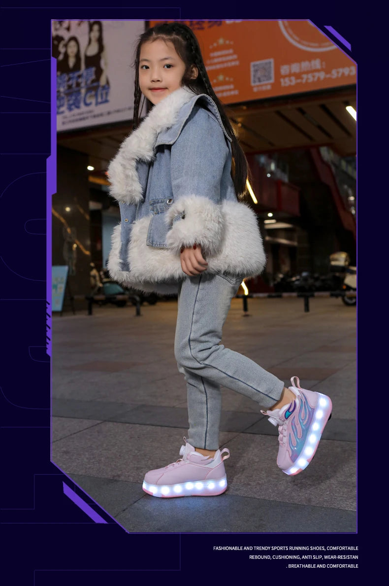 2025 New children's four-wheel novice light up rotary button automatic shrinkage fast walking shoes for boys sneakers