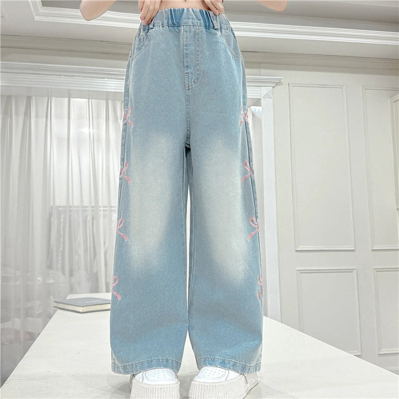 Autumn Kids Child Straight Jeans with Bows on The Side for Teens Girls Fashion Loose Fit Denim Pants Child Casual Jeans Trousers