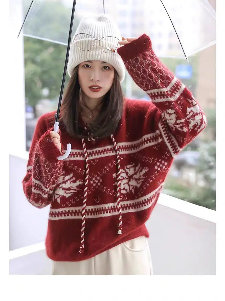 100% pure wool cashmere sweater women's 2024 autumn and winter new hooded collar pullover fashionable loose knit plus size top
