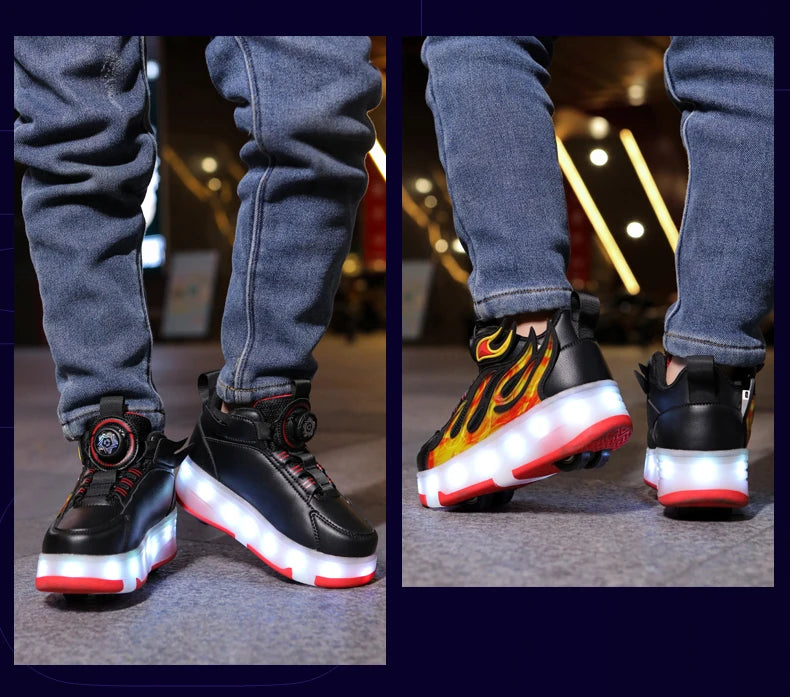 2025 New children's four-wheel novice light up rotary button automatic shrinkage fast walking shoes for boys sneakers