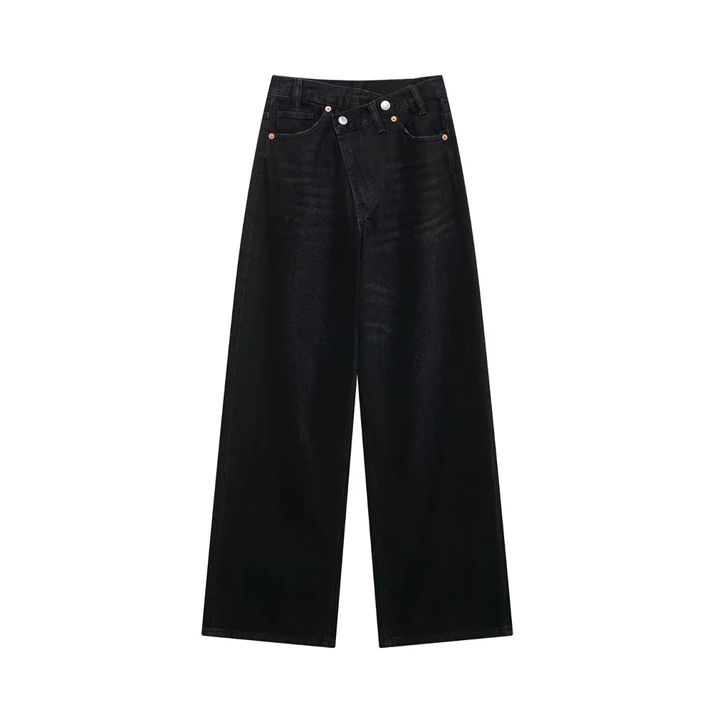 Women's Basic Hundred Jeans New Fashion Asymmetric Design High Waist Wide Leg Trousers Casual Women's Straight Leg Jeans