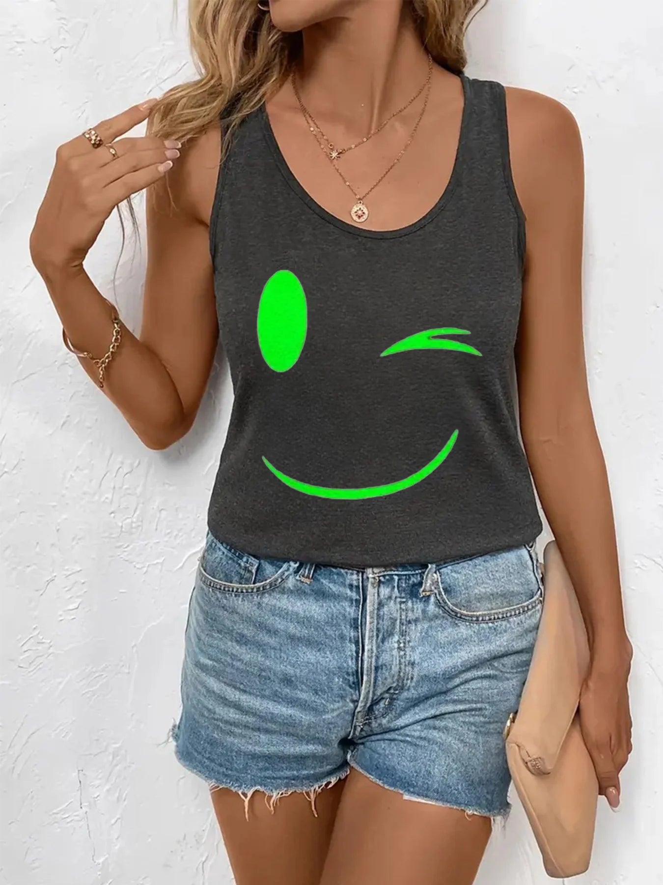 Loose plus size wing pattern printed round neck white vest summer casual sleeveless top women's clothing