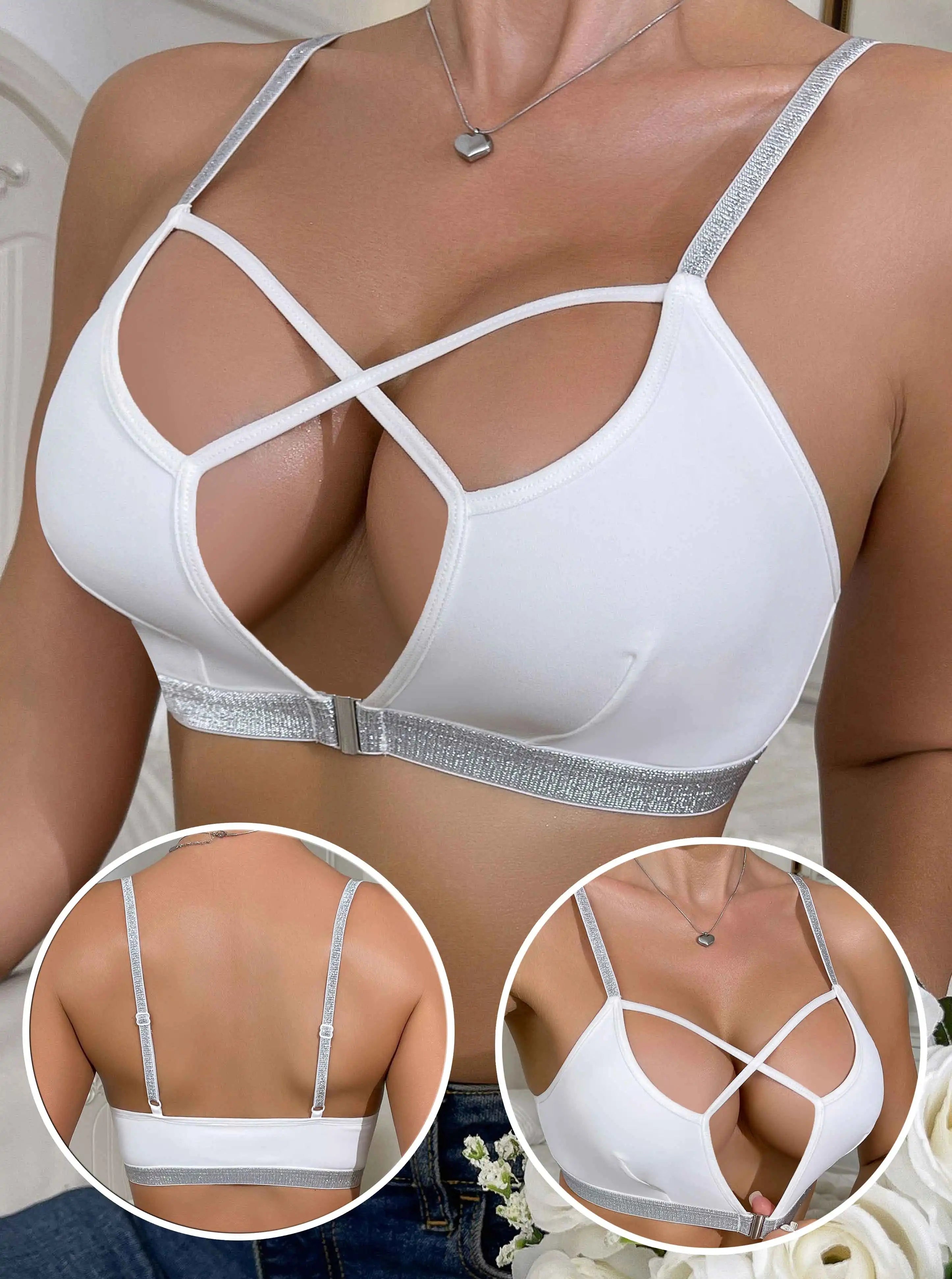 1 Piece Women's Sexy White Cross Back Bra Adjustable Strap Wireless Comfortable Breathable Light Weight Elegant Design