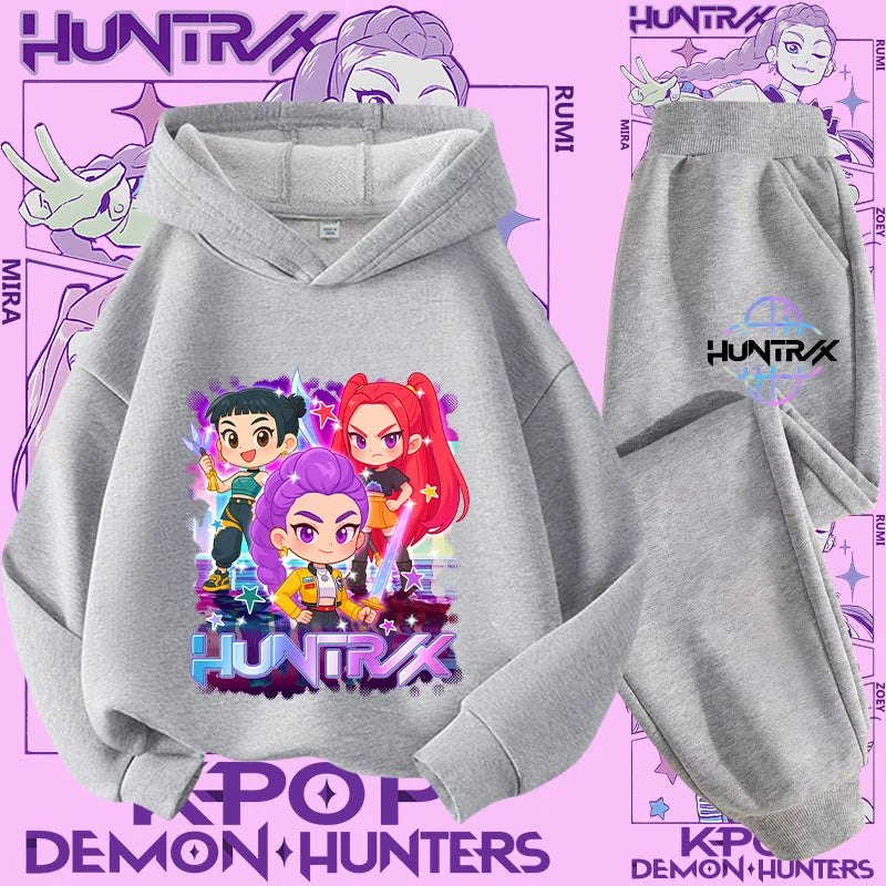 K-pop Demon Hunter New Children's Hoodie Set - Cute Girls' Casual Top for Kids,Boys' Sports Shirt with Cartoon Print-2-Piece Set