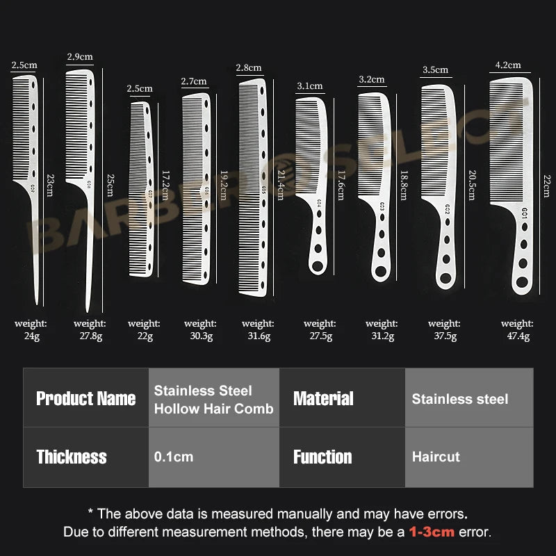 Stainless Steel Silver Metal Barber Comb Professional Hairdressing Salon Combs Detangling Hair Cutting Tools For Men And Women