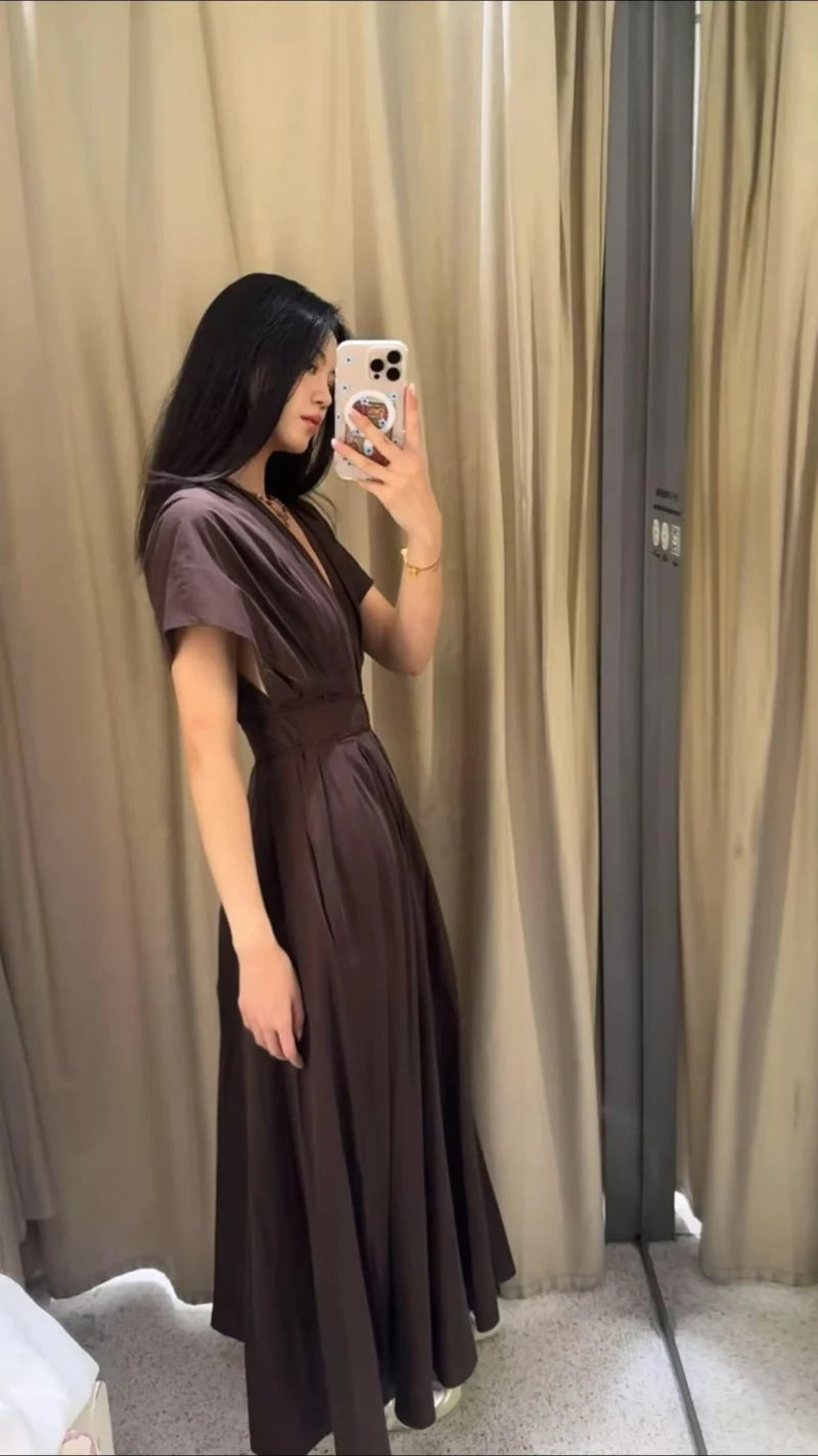 ETJ Summer 2025  women's elegant party dress Vintage V-neck fashion pleated lace-up MIDI poplin dress