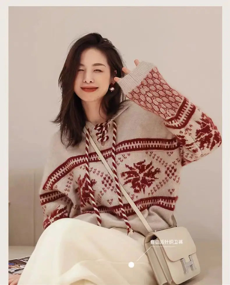 100% pure wool cashmere sweater women's 2024 autumn and winter new hooded collar pullover fashionable loose knit plus size top