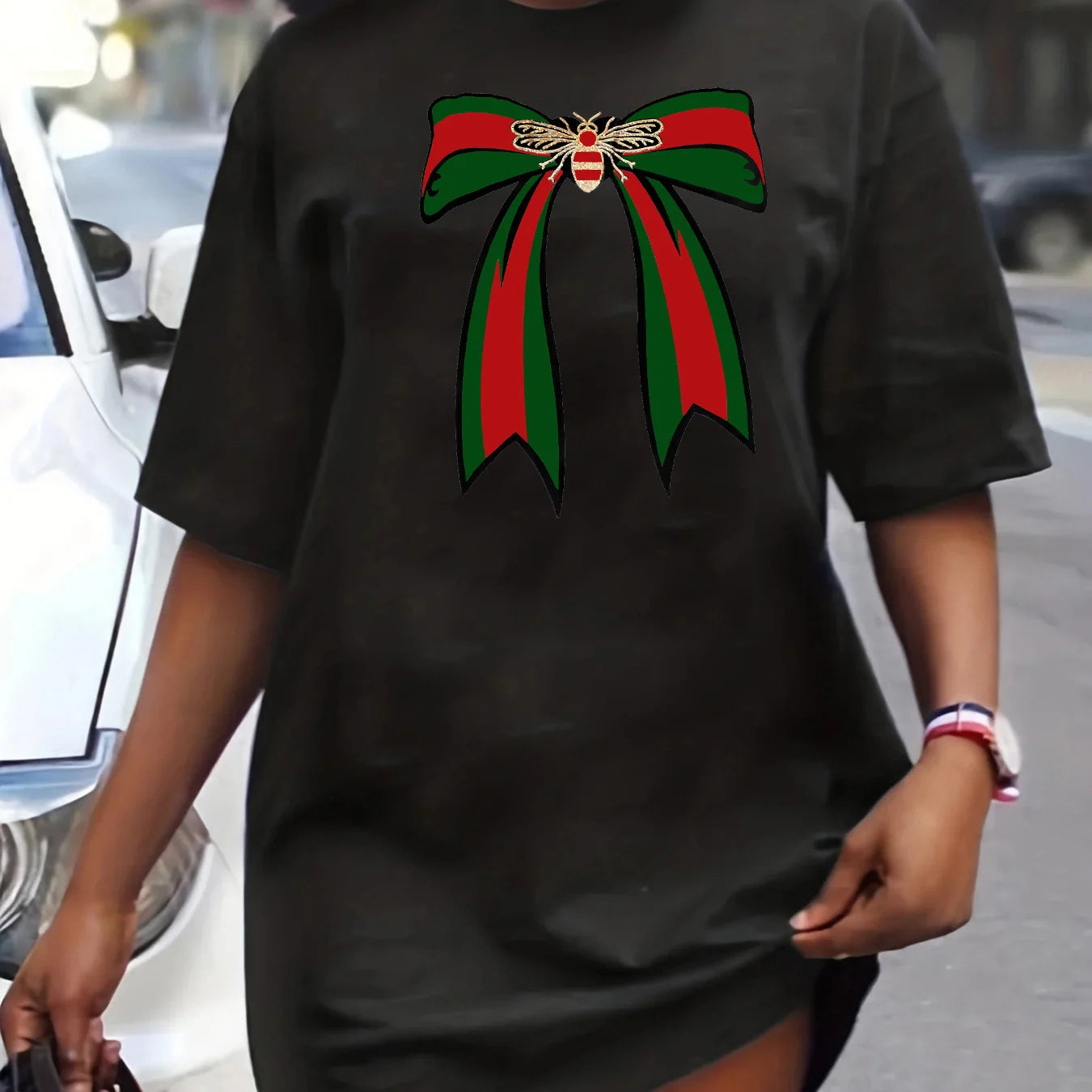 Ladies' spring and summer casual loose plus size bee bow pattern printed round neck short sleeved T-shirt dress