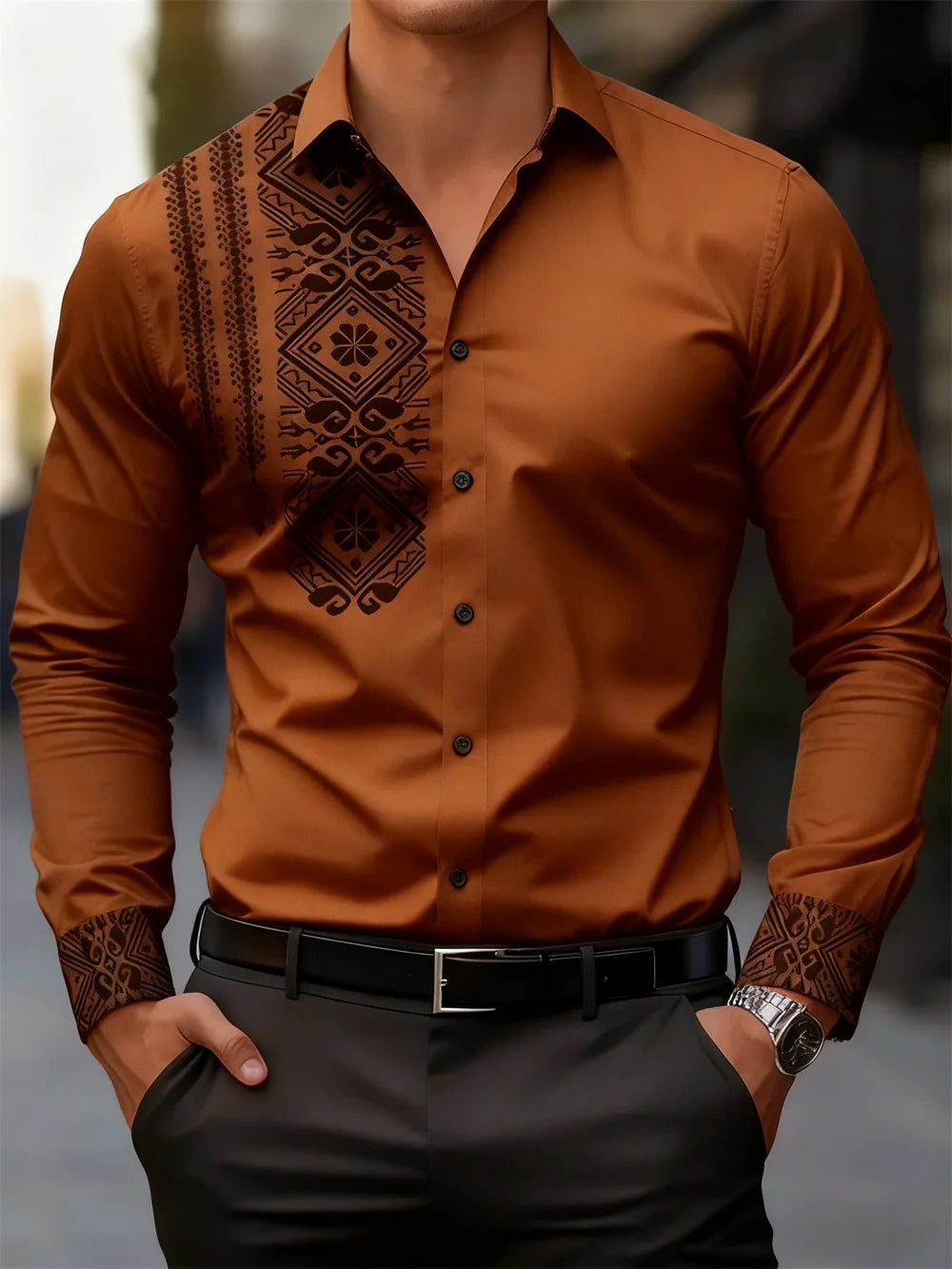 Men's black and white paisley printed casual shirt, suitable for business, daily office wear, and casual wear