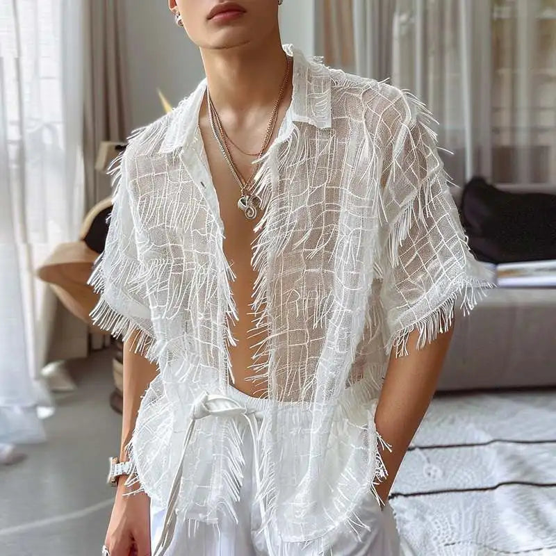 2024 Men Shirt Tassel Chiffon Transparent Lapel Short Sleeve Sexy Men Clothing Summer Streetwear Party Fashion Camisas INCERUN