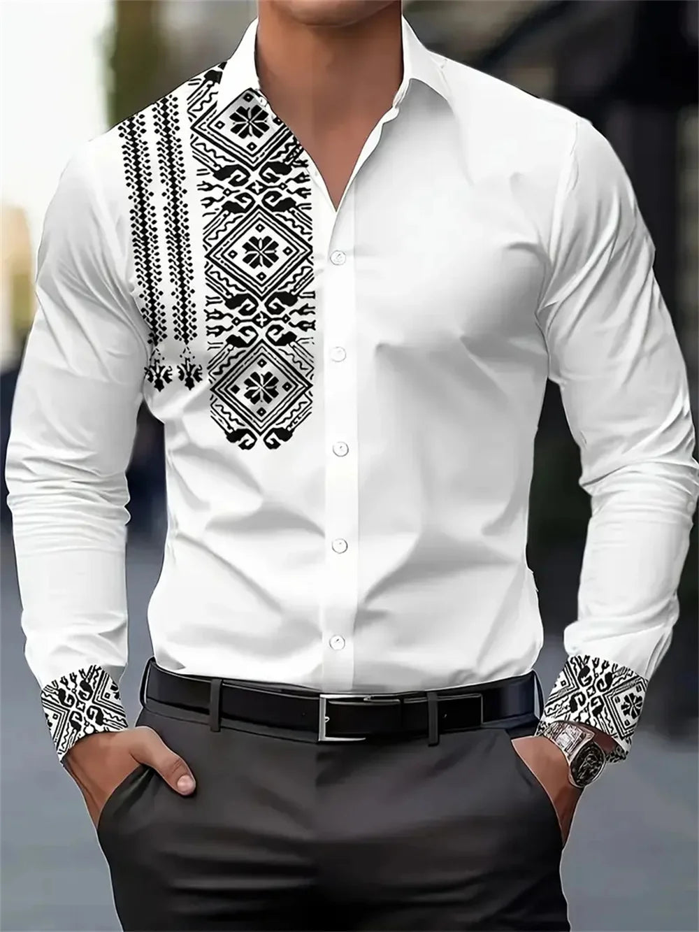 Men's black and white paisley printed casual shirt, suitable for business, daily office wear, and casual wear