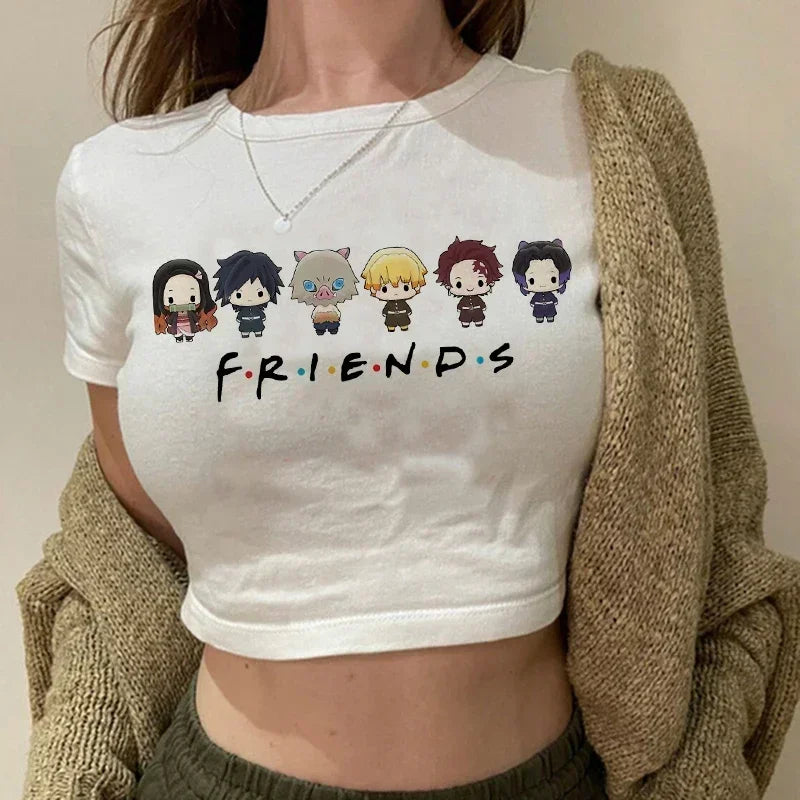90s Manga Kimetsu No Yaiba Crop Top Demon Slayer T Shirt Women Y2k Nezuko Japanese Anime Tshirt Tanjirou Kamado Cropped Female