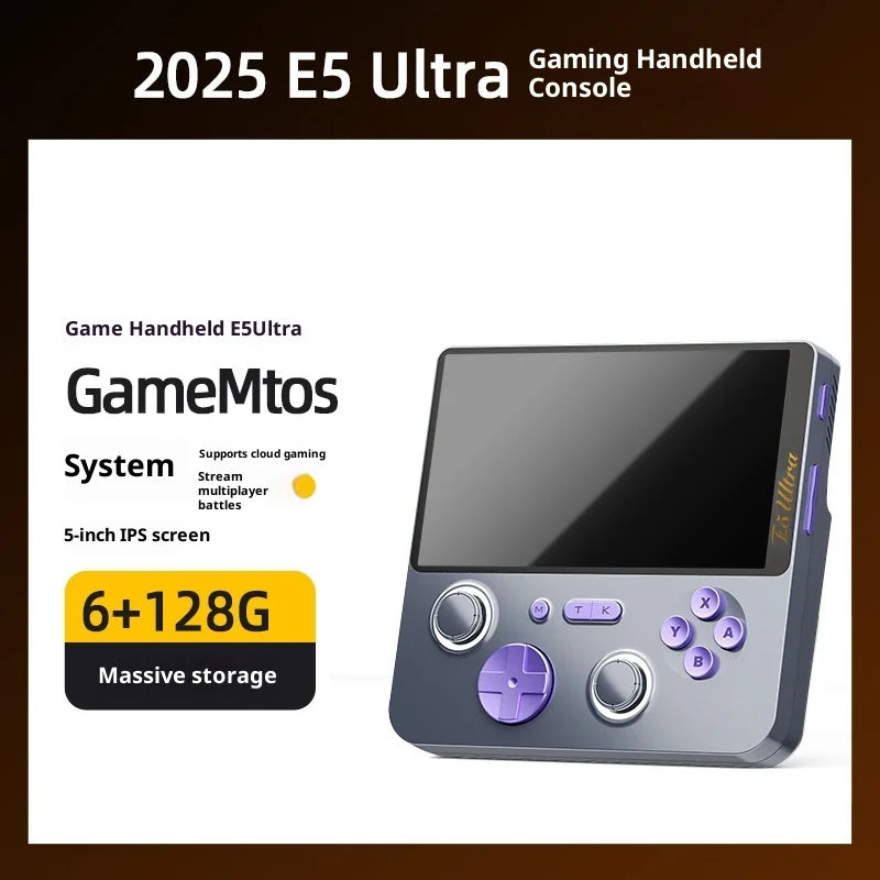 2025 New E5ultra Handheld Game Console With Dual Systems 6+128 Running Memory Cloud Gaming 5-Inch Ips Hall Joystick Game Console