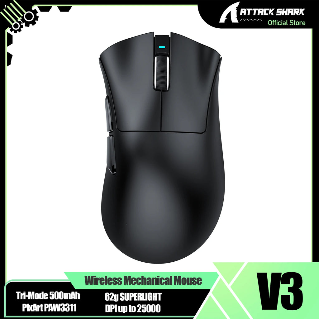 ATTACK SHARK V3 62g SUPERLIGHT Mouse, PixArt PAW3311 Gaming Sensor, BT/ 2.4G Wireless/ Wired, 6 Adjustable DPI up to 25000